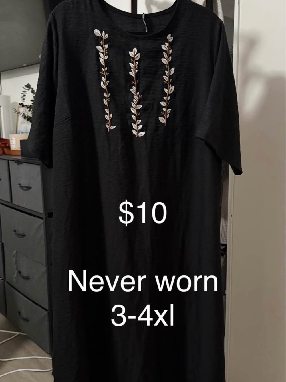 SHEIN Black Midi Dress with White Leaf Embroidery